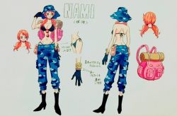 Rule 34 | 1girl, alternate hairstyle, ass, back, backpack, bag, bare arms, bare back, bare shoulders, belt, bikini, black footwear, black gloves, blue belt, boots, breasts, character sheet, cleavage, concept art, curvy, female focus, gloves, hat, hip focus, japanese text, large breasts, long hair, looking back, low twintails, nami (one piece), navel, official art, one piece, one piece heart of gold, orange hair, smile, standing, stomach, sunglasses, swimsuit, thighs, thong, thong bikini, twintails, wide hips
