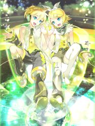 Rule 34 | 119, 1boy, 1girl, blonde hair, blue eyes, brother and sister, detached sleeves, highres, kagamine len, kagamine rin, open mouth, shorts, siblings, star (symbol), thighhighs, twins, vocaloid, white thighhighs