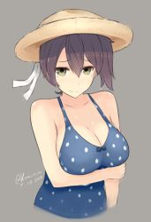Rule 34 | 1girl, bad id, bad pixiv id, bare shoulders, breast hold, breasts, cleavage, commentary request, cosplay, dated, female focus, hat, kaga (kancolle), kantai collection, kuavera, large breasts, looking at viewer, one-hour drawing challenge, polka dot, polka dot swimsuit, signature, simple background, smile, solo, sun hat, swimsuit, twitter username, upper body, ushio (kancolle), ushio (kancolle) (cosplay)