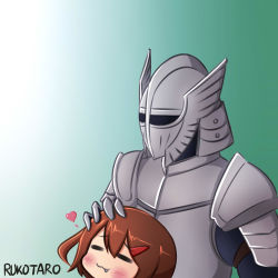 Rule 34 | 10s, 1boy, 1girl, armor, blush, brown hair, closed eyes, crossover, fang, gradient background, hair ornament, hairclip, hand on another&#039;s head, heart, helmet, ikazuchi (kancolle), kantai collection, rukotaro, short hair, the elder scrolls, the elder scrolls v: skyrim
