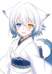 Rule 34 | 1girl, :d, animal ears, blue eyes, blush, commentary request, heterochromia, japanese clothes, kimono, konshin, long sleeves, looking at viewer, obi, open mouth, orange eyes, orie hakua, original, sash, simple background, smile, solo, tail, white background, white kimono, wide sleeves