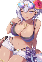 Rule 34 | 1girl, ;p, absurdres, bikini, bracelet, breasts, cleavage, dark-skinned female, dark skin, derori, ear ornament, eyewear on head, hairy, highres, jewelry, looking at viewer, navel, necklace, one eye closed, purple eyes, purple hair, r project, sandals, short hair, shorts, sitting, smile, solo, sunglasses, swimsuit, tongue, tongue out, virtual youtuber, yatono levi