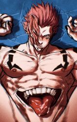 Rule 34 | 1boy, abs, bara, black nails, chest tattoo, cowboy shot, cum, cum in mouth, extra eyes, extra mouth, implied yaoi, jujutsu kaisen, large pectorals, looking at viewer, lying, male focus, muscular, muscular male, nipples, on back, pectorals, red eyes, ryoumen sukuna (jujutsu kaisen), ryoumen sukuna (true form) (jujutsu kaisen), short hair, shoulder tattoo, smokerichi, solo, spiked hair, spread legs, stomach mouth, tattoo