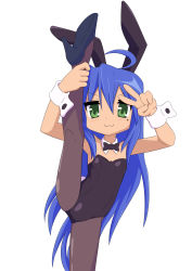 Rule 34 | 1girl, :3, absurdres, ahoge, animal ears, bare shoulders, black footwear, black leotard, black pantyhose, blue hair, blush, bow, bowtie, breasts, closed mouth, detached collar, dot nose, fake animal ears, feet out of frame, female focus, green eyes, hand up, high heels, highres, huge ahoge, izumi konata, leg grab, leg up, leotard, long hair, looking at viewer, lucky star, mole, mole under eye, not call, pantyhose, playboy bunny, rabbit ears, shoes, simple background, small breasts, smile, solo, split, standing, standing on one leg, strapless, strapless leotard, v, white background, wing collar, wrist cuffs