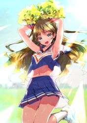 Rule 34 | 1girl, :d, absurdres, amana (pocketkey), armpits, arms up, blonde hair, blue eyes, blue shirt, blue skirt, blue sky, blurry, blurry background, breasts, cheerleader, collarbone, crop top, day, field, highres, holding, holding pom poms, long hair, looking at viewer, medium breasts, midriff, navel, open mouth, original, outdoors, pleated skirt, pom pom (cheerleading), pom poms, shirt, shoes, skirt, sky, smile, socks, standing, standing on one leg, sunlight, sweat, thighs, wavy hair, white footwear, white socks, wristband