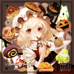 Rule 34 | 1girl, artist name, ascot, blonde hair, blush, bread, closed mouth, collared shirt, fingernails, flandre scarlet, food, fork, hair between eyes, hat, holding, holding fork, jack-o&#039;-lantern, long fingernails, long hair, mob cap, mochacot, nail polish, one side up, puffy short sleeves, puffy sleeves, red eyes, red nails, red skirt, red vest, sharp fingernails, shirt, short sleeves, skirt, smile, solo, touhou, vest, white hat, white shirt, yellow ascot