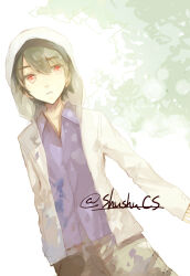 Rule 34 | 1boy, aged down, black hair, blue shirt, circle, collared shirt, commentary request, cowboy shot, crimsonseed, dutch angle, grey background, grey pants, hair between eyes, heart, highres, hood, hood up, hoodie, kagerou project, long sleeves, looking at viewer, male focus, multicolored background, open clothes, open collar, pants, parted lips, red eyes, seto kousuke, shirt, short hair, signature, sketch, solo, white background, white hoodie