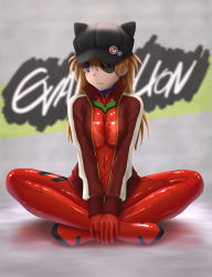 Rule 34 | 10s, 1girl, alternate breast size, animal ears, animal hat, badge, blue eyes, blurry, bodysuit, breasts, breasts squeezed together, button badge, cabbie hat, cat hat, copyright name, crossed legs, depth of field, duct tape, evangelion: 3.0 you can (not) redo, eyepatch, fake animal ears, full body, gloves, hat, hat ornament, highres, indian style, jacket, large breasts, long hair, long sleeves, looking away, neon genesis evangelion, open clothes, open jacket, orange hair, pilot suit, plugsuit, rebuild of evangelion, shiny clothes, single vertical stripe, siraha, sitting, skin tight, skull print, solo, souryuu asuka langley, test plugsuit, track jacket, turtleneck, two side up, unzipped, v arms