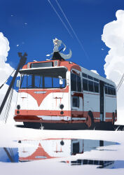 Rule 34 | 1girl, absurdres, animal ears, black skirt, blue sky, bus, cloud, commentary request, contrail, highres, inubashiri momiji, kakaricho dairi, looking afar, motor vehicle, multicolored hair, outdoors, puddle, red skirt, reflection, scenery, shirt, skirt, sky, solo, standing, tail, touhou, two-tone hair, utility pole, white shirt, wolf ears, wolf girl, wolf tail