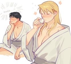 Rule 34 | 1boy, 1girl, alcohol, black hair, blonde hair, blush, breasts, choko (cup), cleavage, closed eyes, commentary, cup, drinking, drunk, english commentary, fullmetal alchemist, hand on own cheek, hand on own face, hand up, hetero, highres, holding, holding cup, japanese clothes, kimono, large breasts, long hair, long sleeves, looking at another, neck blush, off shoulder, orange eyes, pectorals, raicchi (raicchi96), riza hawkeye, roy mustang, sake, short hair, sideways glance, simple background, sitting, squeans, sweat, white background