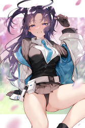 Rule 34 | 1girl, aqua necktie, ass, bare legs, black gloves, black panties, blue archive, blurry, blurry background, blush, breasts, cherry blossoms, collared shirt, commentary request, depth of field, falling petals, floating hair, gloves, grass, halo, highres, holding, holding petal, jacket, jacket partially removed, koyo akio, long hair, long sleeves, looking at viewer, medium breasts, miniskirt, multicolored clothes, multicolored jacket, necktie, on ground, panties, pantyshot, parted bangs, petals, pleated skirt, school uniform, shirt, sidelocks, sitting, skirt, smile, solo, two-tone jacket, two side up, underwear, yuuka (blue archive)