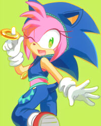 Rule 34 | 1girl, :d, amy rose, bare shoulders, blue pants, cosplay, from behind, gloves, green background, green eyes, hedgehog, hedgehog ears, hedgehog girl, hedgehog tail, kekani, leg up, midriff, one eye closed, open mouth, pants, pink fur, pointing, pointing up, project diva (series), red footwear, ring (sonic), shoes, simple background, sleeveless, smile, solo, sonic (series), sonic the hedgehog, sonic the hedgehog (cosplay), white gloves
