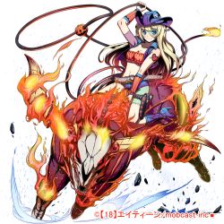 Rule 34 | 18 (game), 1girl, arm warmers, belt, blonde hair, blue eyes, blue footwear, bolt, boots, bull, fire, flame-tipped tail, hat, highres, holster, kimi to tsunagaru puzzle, kyousin, lasso, long hair, looking at viewer, midriff, monster, navel, official art, original, pebble, pumpkin, red eyes, riding, smile, stitches, tattoo, transparent background, watermark