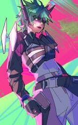Rule 34 | 1girl, alter (apex legends), animification, apex legends, belt, black belt, black gloves, black sclera, bodysuit, breasts, colored sclera, gloves, green eyes, green hair, grey bodysuit, highres, horns, looking at viewer, mechanical horns, medium breasts, parted lips, short hair, shrug (clothing), sketch, solo, thundergotch