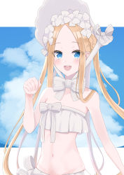 Rule 34 | 1girl, :d, abigail williams (fate), abigail williams (swimsuit foreigner) (fate), abigail williams (swimsuit foreigner) (third ascension) (fate), absurdres, bare shoulders, bikini, blonde hair, blue eyes, blue sky, blush, bonnet, bow, braid, breasts, commentary request, day, doctor 0927, fate/grand order, fate (series), forehead, hair rings, highres, long hair, looking at viewer, multiple bows, navel, open mouth, parted bangs, sidelocks, sky, small breasts, smile, solo, swimsuit, twin braids, twintails, white bikini, white bow, white headwear