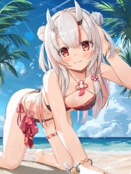 Rule 34 | 1girl, :3, all fours, arm up, bare shoulders, beach, bell, bikini, black bikini, blue sky, blush, bracelet, breasts, closed mouth, collarbone, day, double bun, hair bun, hand in own hair, highres, hololive, horizon, horns, jewelry, jingle bell, keesuke (kkosyoku), long hair, looking at viewer, multicolored hair, nakiri ayame, navel, ocean, outdoors, palm tree, red eyes, red hair, red ribbon, ribbon, silver hair, sky, small breasts, smile, solo, streaked hair, swimsuit, tassel, thigh strap, tree, two side up, virtual youtuber, water