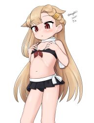 Rule 34 | 1girl, absurdres, adapted costume, aged down, bikini, bikini skirt, black bikini, blonde hair, braid, braided bangs, feet out of frame, flat chest, front-tie bikini top, front-tie top, hands on own chest, highres, kantai collection, long hair, maru (marg0613), official alternate costume, one-hour drawing challenge, pleated skirt, red eyes, scarf, simple background, skirt, solo, standing, swimsuit, white background, white scarf, yuudachi (kancolle), yuudachi kai ni (kancolle)