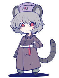 Rule 34 | 1girl, alternate costume, animal ears, black footwear, black gloves, blush stickers, chahan (fried rice0614), closed mouth, full body, gloves, grey hair, grey hat, hat, highres, long sleeves, military, military uniform, mouse ears, mouse tail, nazrin, one-hour drawing challenge, red eyes, shoes, short hair, simple background, solo, tail, touhou, uniform, white background
