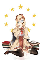 Rule 34 | 1girl, arm up, asymmetrical legwear, black thighhighs, blonde hair, blue eyes, book, brown capelet, brown footwear, buttons, capelet, commentary, cup, deerstalker, detective, full body, hat, highres, holding, holding magnifying glass, hololive, hololive english, kneeling, looking at viewer, magnifying glass, mayana (bbpp), necktie, plaid, plaid skirt, red necktie, red skirt, reflection, reflective floor, shirt, simple background, sitting, skirt, smile, solo, star (symbol), teacup, thighhighs, uneven legwear, virtual youtuber, wariza, watson amelia, watson amelia (1st costume), white background, white shirt, zettai ryouiki