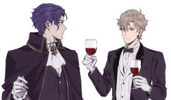 Rule 34 | 2boys, ace attorney, alcohol, ascot, barok van zieks, blonde hair, bow, bowtie, cape, cup, drink, drinking glass, formal, gloves, grey hair, herlock sholmes, holding, holding drink, looking at another, multiple boys, scar, scar on face, simple background, smile, sophie (693432), suit, the great ace attorney, traditional bowtie, white background, white gloves, wine, wine glass