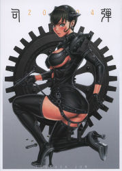 Rule 34 | 1girl, ass, boots, breasts, bullet, gears, green eyes, green hair, high heels, large breasts, leather, matching hair/eyes, miniskirt, pencil skirt, shoes, sideboob, skirt, solo, thigh boots, thighhighs, tsukasa jun