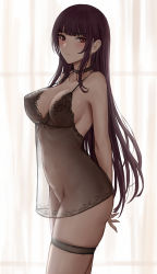 Rule 34 | 1girl, arms behind back, ass, bare arms, bare shoulders, black choker, black legwear, blush, breasts, choker, cleavage, closed mouth, commentary, commentary request, cowboy shot, from side, girls&#039; frontline, highres, large breasts, long hair, looking at viewer, looking to the side, navel, purple hair, red eyes, see-through, selcky, solo, thigh strap, thighs, wa2000 (girls&#039; frontline)