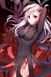 Rule 34 | 1girl, arms up, artist name, black dress, breasts, closed mouth, covered navel, cowboy shot, dress, fate/stay night, fate (series), floating hair, gradient background, hair ribbon, heaven&#039;s feel, long hair, looking at viewer, matou sakura, medium breasts, pink ribbon, red background, red eyes, ribbon, roang, solo, standing, tattoo, thighs, turtleneck, white hair