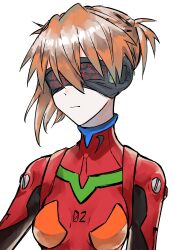 Rule 34 | 1girl, absurdres, alternate hairstyle, blindfold, blue eyes, bodysuit, breasts, brown hair, evangelion: 3.0+1.0 thrice upon a time, expressionless, highres, interface headset, medium hair, neon genesis evangelion, pilot suit, plugsuit, rebuild of evangelion, red bodysuit, shiny clothes, simple background, small breasts, solo, souryuu asuka langley, white background, yurumenoika eva