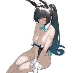Rule 34 | 1girl, ahoge, animal ears, arm tattoo, bare shoulders, black hair, black leotard, blue archive, blush, bow, bowtie, breasts, cleavage, dark-skinned female, dark skin, detached collar, fake animal ears, feet out of frame, fishnet pantyhose, fishnets, gloves, highres, karin (blue archive), karin (bunny) (blue archive), large breasts, leotard, long hair, looking at viewer, pantyhose, playboy bunny, ponytail, prossss, rabbit ears, simple background, sitting, solo, tattoo, white background, white gloves, wrist cuffs, yellow eyes