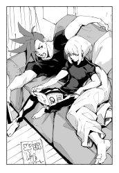 Rule 34 | 2boys, arm support, baggy pants, barefoot, bob cut, closed mouth, couch, earrings, galo thymos, greyscale, highres, jewelry, lio fotia, long hair, lying, magazine (object), male focus, monochrome, multiple boys, on side, open mouth, pants, promare, reading, sitting, spiked hair, ytairui