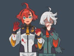 Rule 34 | 2girls, aqua eyes, black hairband, blood, blood on clothes, blood on hands, bright pupils, covering own mouth, dou (mame eee), green jacket, grey background, grey eyes, grey hair, gundam, gundam suisei no majo, hair between eyes, hairband, highres, holding hands, jacket, looking down, miorine rembran, multiple girls, ptsd, red hair, shaded face, smile, suletta mercury, waving, white jacket, white pupils