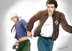 Rule 34 | 2boys, bandana, blue shirt, brown eyes, brown hair, brown jacket, chinese clothes, cuffs, denim, gradient background, handcuffs, hazuki ryou, highres, jacket, jeans, jewelry, kizuki96, leather, leather jacket, looking at another, multiple boys, muscular, muscular male, necklace, open mouth, pants, patch, ren wu ying, running, shenmue, shenmue the animation, shirt, signature, spiked hair, tooth necklace, white bandana, white shirt