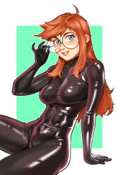 1girl aqua_background blue_eyes bodysuit breasts commission effy_neprin freckles glasses highres large_breasts latex latex_bodysuit long_hair looking_at_viewer orange_hair original siri_jay sitting smile teeth