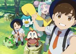 Rule 34 | 1boy, 2girls, absurdres, blue headwear, braid, breast pocket, brown eyes, brown hair, commentary request, creatures (company), day, florian (pokemon), fuecoco, game freak, grass, grin, hand up, hat, highres, iono (pokemon), juliana (pokemon), looking at viewer, multiple girls, necktie, nintendo, open mouth, orange necktie, orange shorts, outdoors, pinoj0214, pocket, pokemon, pokemon (creature), pokemon sv, quaxly, rock, selfie, shirt, shoes, short hair, shorts, smile, socks, sprigatito, squatting, starter pokemon trio, teeth, tongue, tree, upper teeth only, v, white shirt, white socks