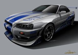 Rule 34 | 2 fast 2 furious, car, fast &amp; furious, grey background, highres, motor vehicle, nissan, nissan skyline, nissan skyline gt-r, nissan skyline r34, no humans, shadow, signature, spoiler (automobile), the fast and the furious, tsu-chan, vehicle focus