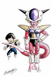 Rule 34 | 2boys, arm at side, armor, arms at sides, black bodysuit, black eyes, black hair, bodysuit, boots, bowl cut, child, clenched teeth, commentary, dot nose, dragon ball, dragonball z, evil grin, evil smile, fingernails, floating, frieza, full body, gloves, grin, hand on own hip, highres, horns, legs together, looking at another, looking back, looking to the side, male focus, multiple boys, official art, open mouth, parted lips, pectorals, purple eyes, scared, signature, simple background, smile, son gohan, surprised, tail, teeth, toenails, toriyama akira, white background, white footwear, white gloves, wide-eyed