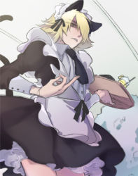 Rule 34 | 1boy, alternate costume, animal ears, ascot, black ascot, black dress, black ribbon, cat ears, cat tail, dress, enmaided, geli (clam), hair over one eye, highres, holding, holding tray, maid, male focus, middle finger, ribbon, short hair, solo, standing, tail, tray, wolfram (wolfsmund), wolfsmund