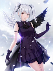 Rule 34 | 10s, 1girl, angel wings, bare shoulders, diffraction spikes, dress, drill hair, elbow gloves, feathers, gloves, highres, idolmaster, idolmaster cinderella girls, kanzaki ranko, long hair, looking at viewer, nayuta69, open mouth, red eyes, revision, rosenburg engel, silver hair, smile, solo, twin drills, twintails, wings