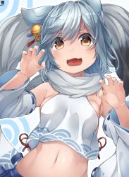 Rule 34 | 1girl, absurdres, animal ears, artist name, azur lane, bell, blue hair, breasts, brown eyes, claw pose, commentary request, crop top, detached sleeves, fang, fox ears, fox tail, fubuki (azur lane), hair bell, hair ornament, hibiki (zerocodo), highres, jingle bell, light blue hair, looking at viewer, medium breasts, navel, open mouth, short hair, sideboob, skin fang, smile, solo, tail, upper body, wide sleeves