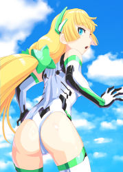 Rule 34 | 1girl, :o, angela balzac, ass, bare shoulders, blonde hair, blue eyes, breasts, elbow gloves, from behind, gloves, hair ornament, headgear, leotard, long hair, looking at viewer, looking back, low twintails, open mouth, rakuen tsuihou, shiny clothes, shiny skin, sideboob, sky, solo, thighhighs, twintails, ueyama michirou, very long hair