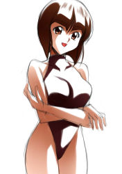Rule 34 | 1girl, :d, arms under breasts, bare legs, bare shoulders, bob cut, breasts, brown eyes, brown hair, brown one-piece swimsuit, collarbone, commentary, cowboy shot, crossed arms, curvy, halterneck, highleg, highleg swimsuit, large breasts, looking at viewer, one-piece swimsuit, open mouth, ranma 1/2, short hair, simple background, sketch, smile, solo, standing, swimsuit, tendou nabiki, white background, wide hips, yamada (fanfantaisa)