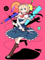 Rule 34 | 1girl, adapted costume, alice margatroid, bad id, bad pixiv id, blonde hair, blue eyes, boots, buttons, capelet, corset, crayon, female focus, full body, hairband, long sleeves, needle, pink background, ruler, scissors, shadow, shirt, short hair, simple background, skirt, smile, solo, touhou, tsumidango