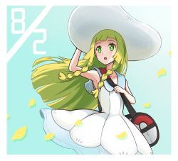 Rule 34 | 1girl, :o, arm up, bag, blonde hair, blunt bangs, border, braid, collarbone, collared dress, commentary request, creatures (company), dress, duffel bag, eyelashes, game freak, green eyes, hat, highres, holding strap, hyoe (hachiechi), lillie (pokemon), long hair, nintendo, open mouth, petals, poke ball theme, pokemon, pokemon sm, see-through, sleeveless, sleeveless dress, solo, sun hat, sundress, tongue, twin braids, white border, white dress, white hat