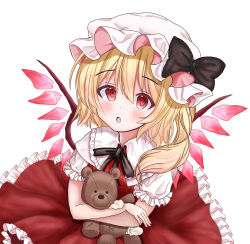 Rule 34 | 1girl, black bow, black bowtie, black ribbon, bow, bowtie, cowboy shot, crystal wings, flandre scarlet, from above, hat, hat ribbon, highres, light blush, looking at viewer, neck ribbon, open mouth, ribbon, ruby-pancake, simple background, solo, stuffed animal, stuffed toy, teddy bear, touhou, white background, white mob cap