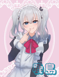 Rule 34 | 1girl, alternate costume, apron, black dress, blue eyes, bow, character name, dress, enmaided, finger to mouth, frilled apron, frills, grey hair, highres, kantai collection, kashima (kancolle), maid, maid day, maid headdress, one-hour drawing challenge, red bow, smile, solo, tsukimura rio, twitter username, upper body, white apron