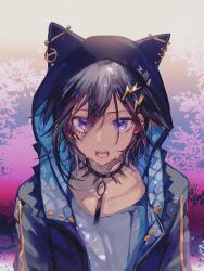 Rule 34 | 1boy, animal hood, black collar, black hair, black jacket, cat hood, collar, crying, crying with eyes open, ear piercing, gradient background, grey background, grey shirt, hair between eyes, hair ornament, hairclip, highres, holostars, hood, hood up, hooded jacket, jacket, kanade izuru, lightning bolt, lightning bolt hair ornament, lightning bolt symbol, looking at viewer, male focus, open clothes, open jacket, open mouth, padded jacket, piercing, plant, purple eyes, shirt, short hair, slit pupils, solo, spiked collar, spikes, straight-on, sumi otto, t-shirt, tears, teeth, two-sided fabric, two-sided jacket, upper body, upper teeth only, virtual youtuber, zipper