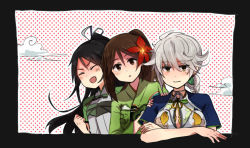 Rule 34 | 10s, 3girls, amagi (kancolle), annin musou, bad id, bad pixiv id, black hair, braid, brown eyes, brown hair, cleavage cutout, clenched hand, closed eyes, clothing cutout, cloud, crossed arms, flower, hair between eyes, hair flower, hair ornament, hair ribbon, hands on shoulders, japanese clothes, kantai collection, katsuragi (kancolle), kimono, looking at viewer, multiple girls, ponytail, ribbon, silver hair, smile, unryuu (kancolle), vest