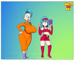 Rule 34 | 2girls, alternate body size, alternate breast size, aqua hair, artist name, bare shoulders, boots, border, bra (dragon ball), breasts, bulma, cellphone, dragon ball, dragon ball gt, dress, earrings, female focus, flat chest, full body, gradient background, hairband, hands on own hips, high heel boots, high heels, highres, jewelry, large breasts, long hair, mastr7up, mature female, miniskirt, mother and daughter, multiple girls, navel, orange dress, phone, red footwear, red hairband, red skirt, scolding, selfie, short hair, simple background, skirt, smartphone, standing, text focus, thigh boots, thighhighs, white border