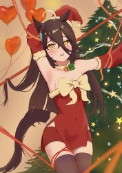Rule 34 | 1girl, absurdres, ahoge, animal ears, arm behind head, arm up, armpits, balloon, black hair, black thighhighs, blush, bound, bow, christmas, christmas tree, commentary request, covered navel, cowboy shot, detached sleeves, dress, dress bow, ear piercing, frown, fur-trimmed headwear, fur-trimmed sleeves, fur trim, hair between eyes, hat, heart balloon, highres, hojichabu, horse ears, horse girl, long hair, looking at viewer, manhattan cafe (umamusume), microskirt, open mouth, partial commentary, piercing, red hat, red ribbon, red skirt, red sleeves, ribbon, santa hat, short dress, side slit, skirt, snowflakes, solo, standing, star ornament, strapless, strapless dress, thighhighs, tied up (nonsexual), tilted headwear, umamusume, white bow, yellow eyes