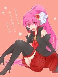 Rule 34 | 1girl, :d, black footwear, black gloves, boots, cosplay, cure lovely, elbow gloves, gloves, hair between eyes, hair ornament, happinesscharge precure!, heart, heart hair ornament, high heel boots, high heels, highres, long hair, miniskirt, open mouth, pink eyes, pink hair, pleated skirt, precure, red skirt, shipu (gassyumaron), sitting, skirt, smile, solo, thigh boots, thighhighs, unlovely (happinesscharge precure!), unlovely (happinesscharge precure!) (cosplay), very long hair, zettai ryouiki
